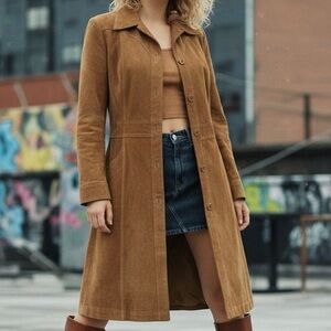 HENNES VINTAGE H&M 100% Leather Suede Long Trench Coat Duster Jacket Western y2k